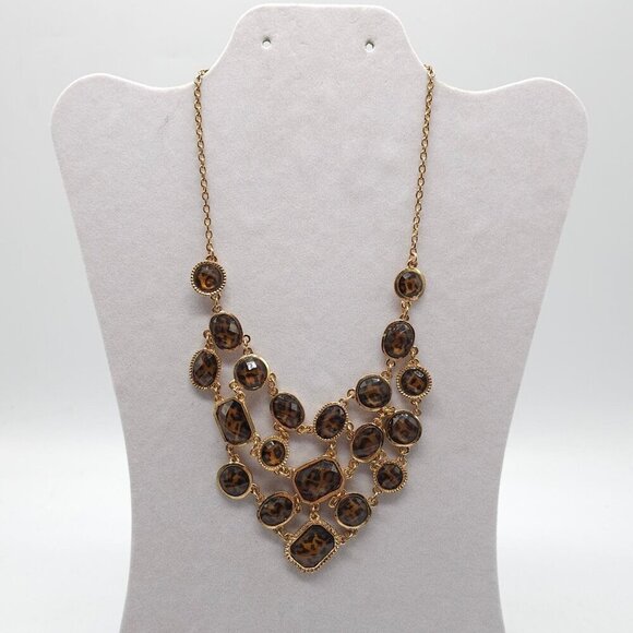 Estate Jewelry - Gold Tone Statement Necklace With Leopard Print Resin Bib Design